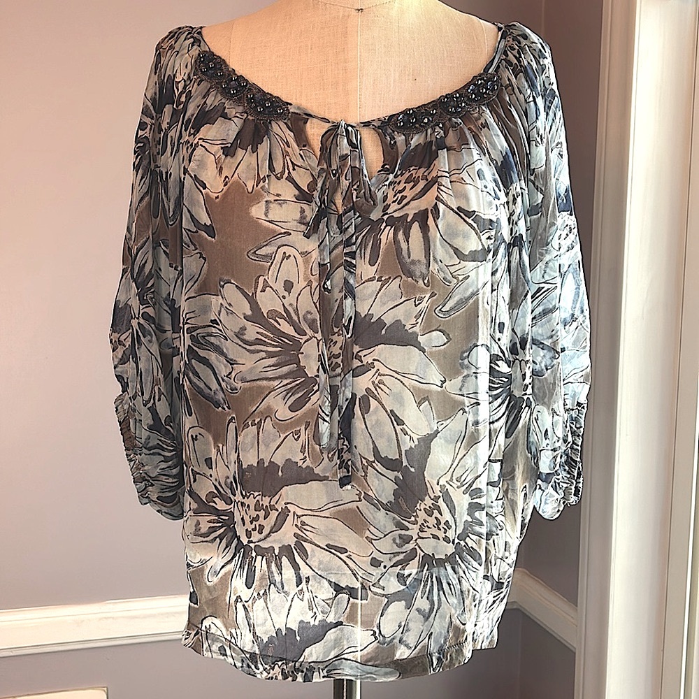 Karen Kane sheer blue floral blouse with dolman sleeves and beaded neckline